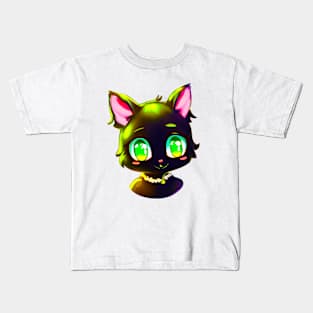 Black cat with green eyes wearing necklace Kids T-Shirt